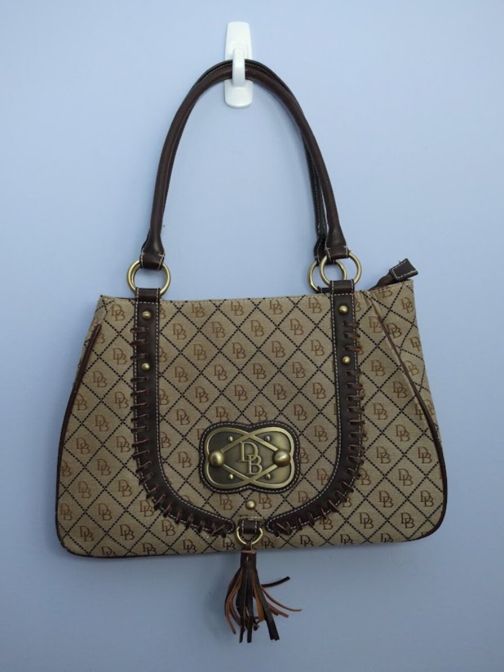 Dooney and Bourke Monogram Shoulder Bag Brown Canvas Whipstitch Western FLAWS